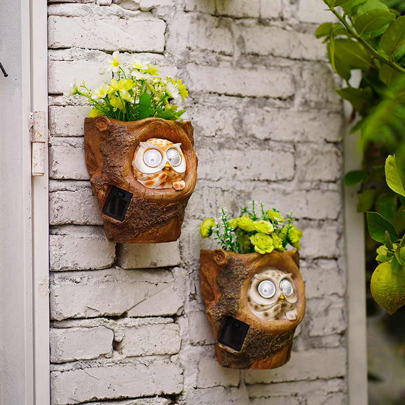 Creative wall hanging flowerpot Cartoon cute owl Solar light decoration garden fence flowerpot garden decoration