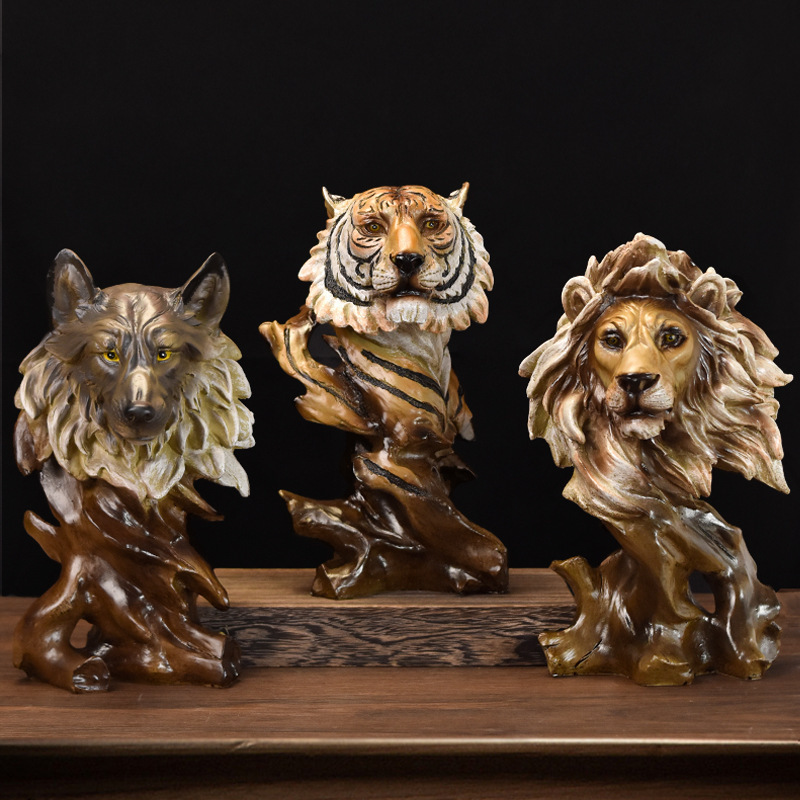 Creative retro lion head decoration home living room office study desktop animal resin arts and crafts decoration