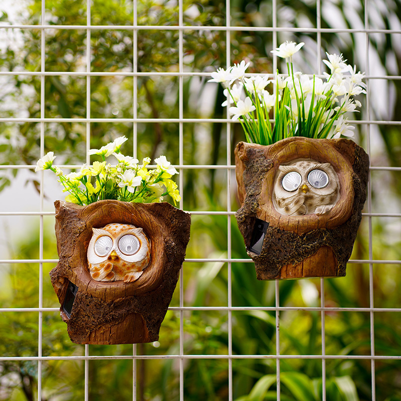 Creative wall hanging flowerpot Cartoon cute owl Solar light decoration garden fence flowerpot garden decoration