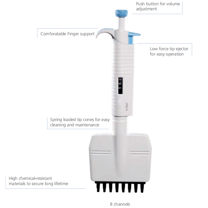 fully autoclavable 12-channel adjustable volume mechanical pipettes  8-channel adjustable pipette