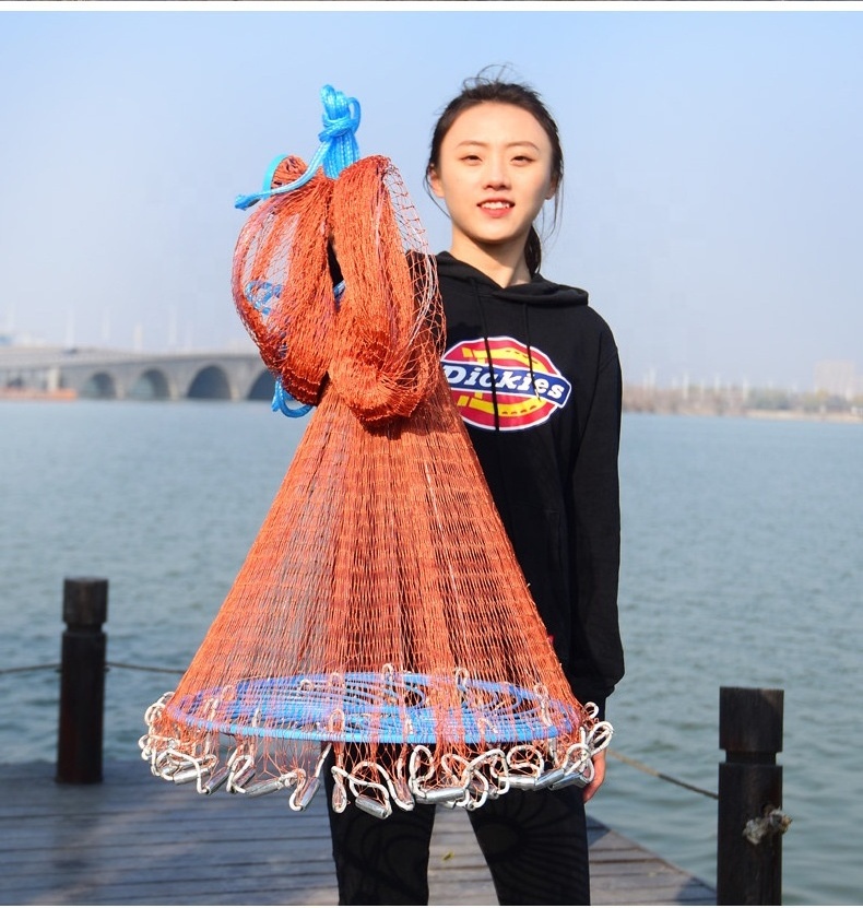 Wholesale 2.4M-7.2M Diameter Foldable Tire Line Steel Lead Sinker 10M Length Hand Throw Cast Fishing Net For Sale