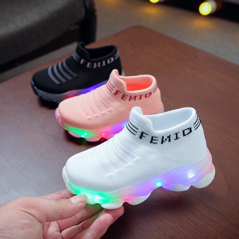 RTS 2024 Kids Sneakers Children Baby Girls Boys Letter Mesh Led Socks Sport Run Sneakers Shoes Light Up Shoes