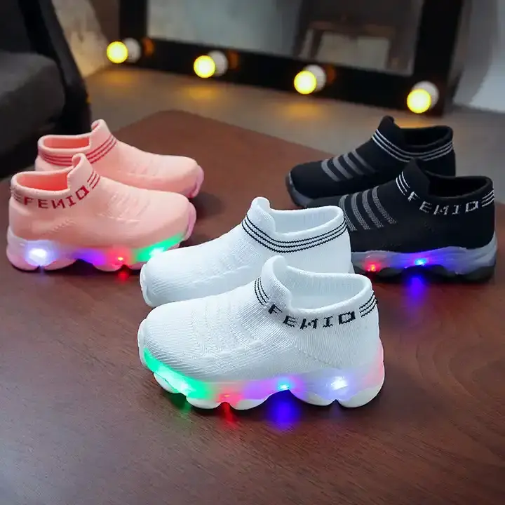 RTS 2024 Kids Sneakers Children Baby Girls Boys Letter Mesh Led Socks Sport Run Sneakers Shoes Light Up Shoes