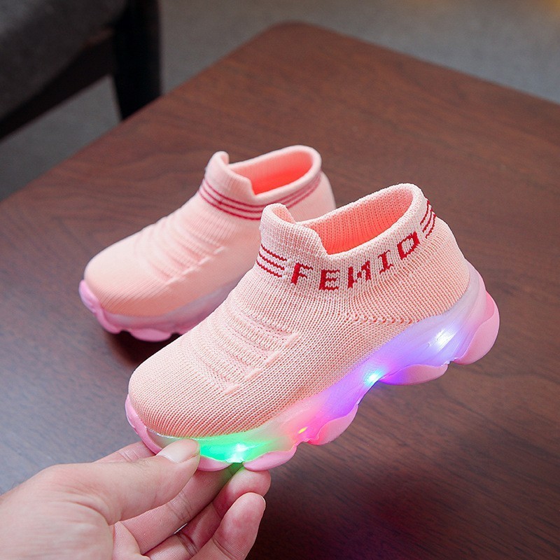 RTS 2024 Kids Sneakers Children Baby Girls Boys Letter Mesh Led Socks Sport Run Sneakers Shoes Light Up Shoes