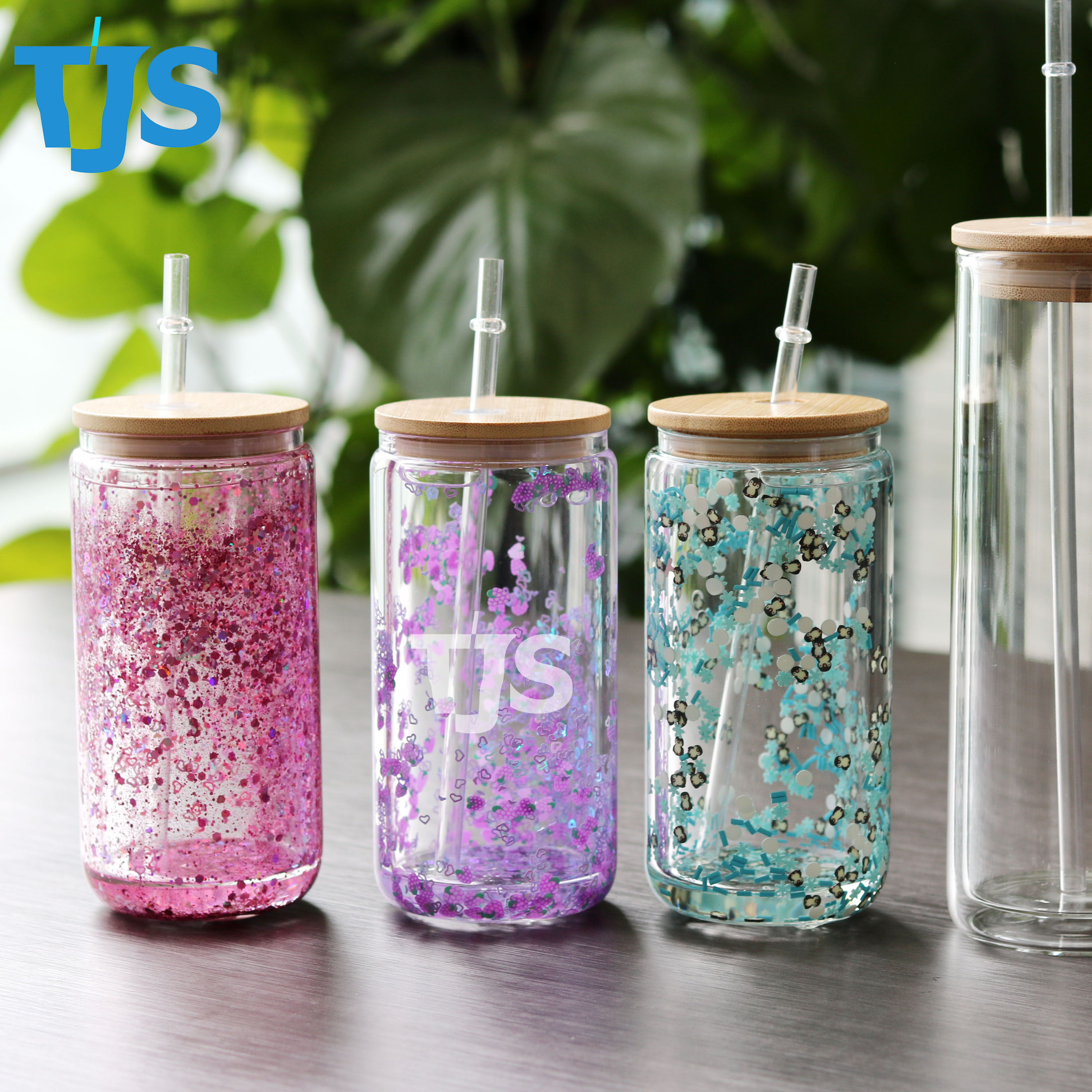 Glass snow globe tumbler double wall glass with bamboo lid and straw sublimation glass snowglobe tumblers