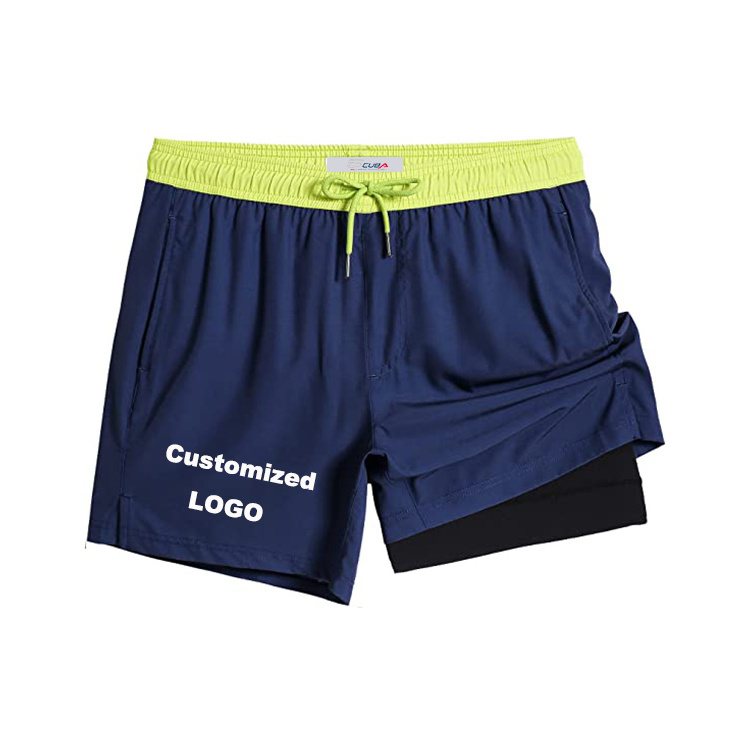 Customized Mens 5 inch Compression Liner 2 in 1 Beach Shorts Swim Trunks with Zipper Pocket