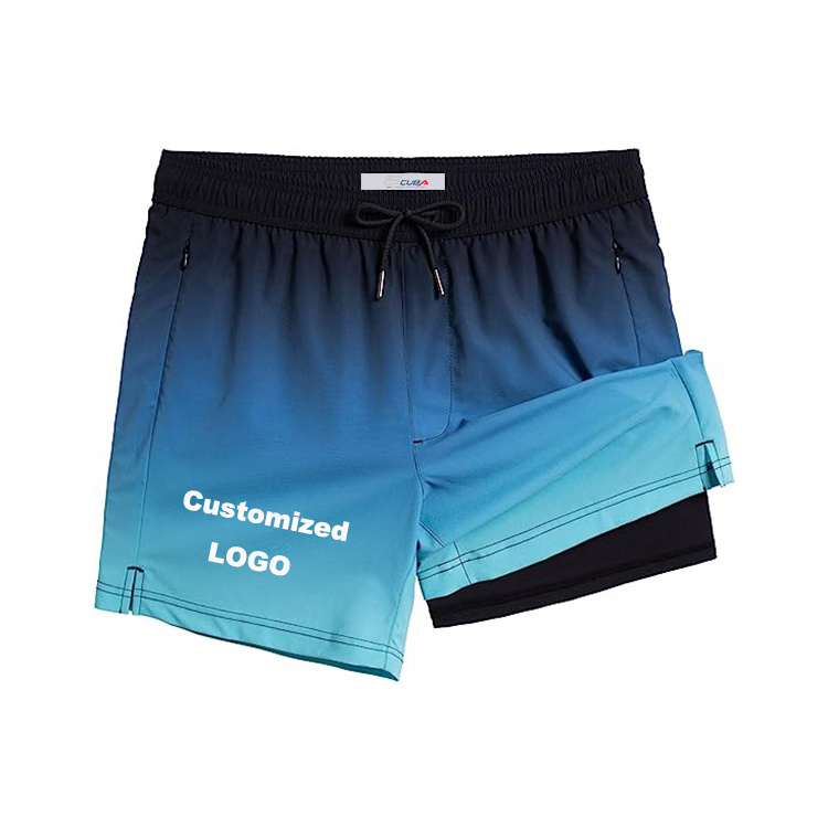 Customized Mens 5 inch Compression Liner 2 in 1 Beach Shorts Swim Trunks with Zipper Pocket