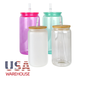 US Warehouse 16oz Frosted Clear Glass Can Cup With Bamboo Lid And Straw Sublimation Blank Glass Tumbler Mason Jar Beer Can