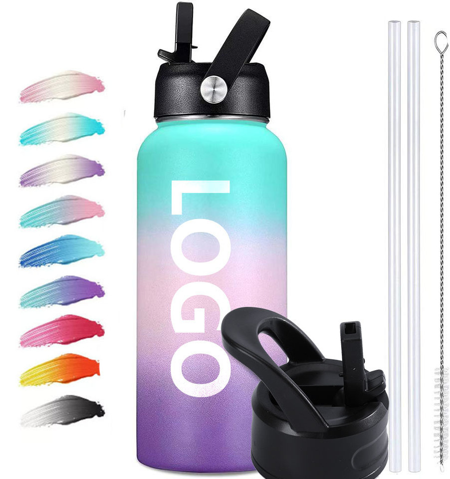 custom logo 1 gallon 2 liter 500ml 750ml 1000 ml 40 oz 64oz stainless steel insulated bulk water bottles with ecofriendly straw