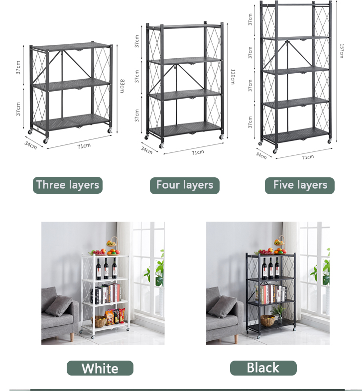 3/4 /5tier kitchen folding shelf rack for Home Storage foldable  organizer telescopic metal shelves  with Wheels for living room