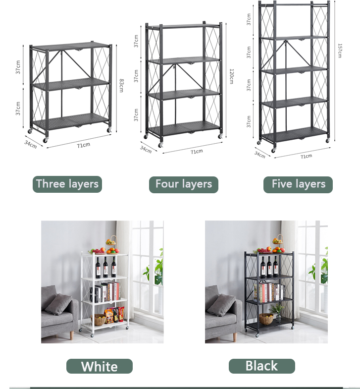 Home Storage Shelf  Folding Metal Storage Rack Grocery  Organizer With Telescopic Wheels In Kitchen