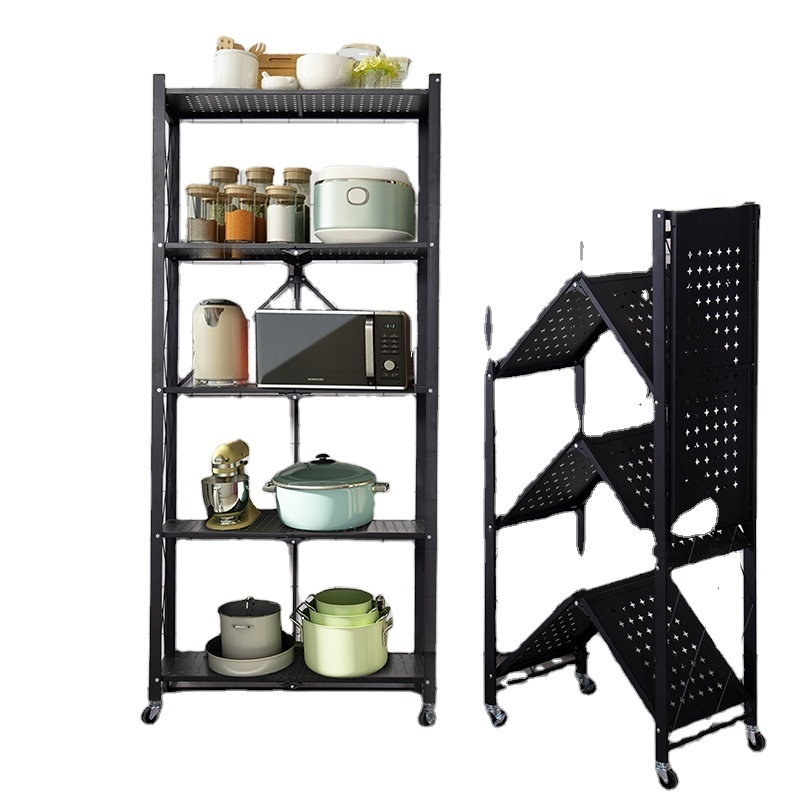 Home Storage Shelf  Folding Metal Storage Rack Grocery  Organizer With Telescopic Wheels In Kitchen