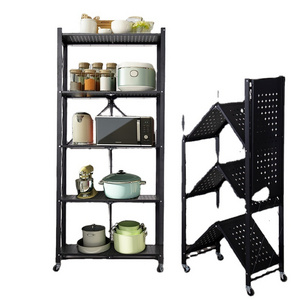 Home Storage Shelf  Folding Metal Storage Rack Grocery  Organizer With Telescopic Wheels In Kitchen