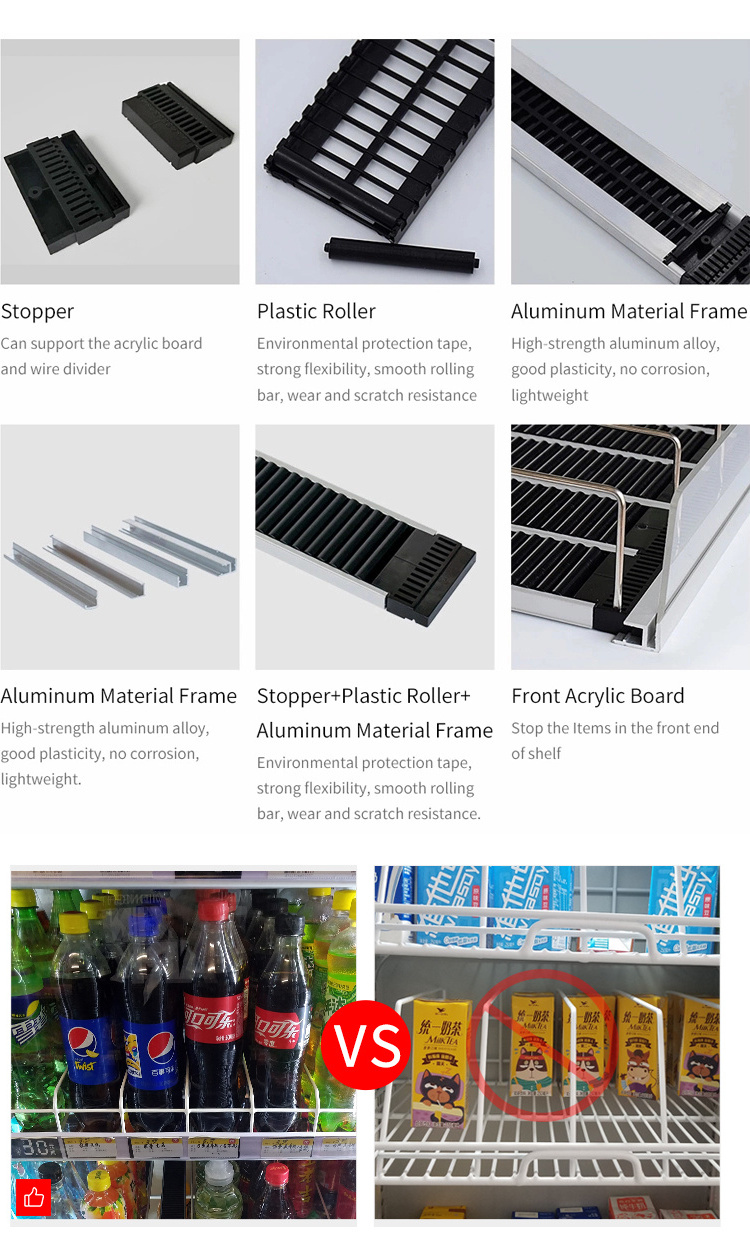 Customized feed bottle/milk/beer/drinking display gravity roller shelf ...