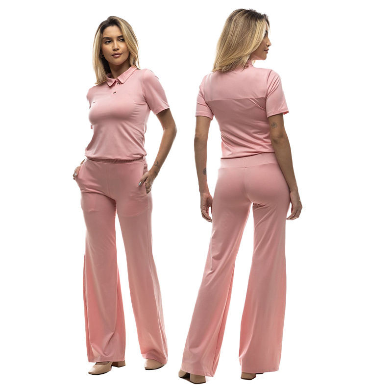 Yuhong Drop Shoulder Polo Pink Uniform Scrubs Set High Waisted Wide Leg Uniforme De Enfermera Hospital Medical Scrubs Wholesale