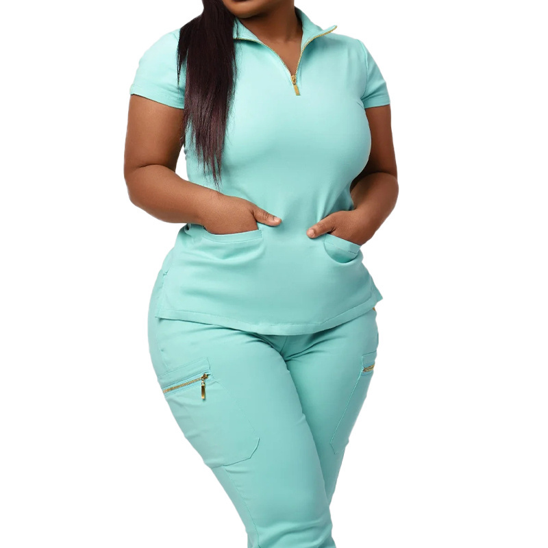 women sexy fitted design fashionable nurse zipper scrub beauty tunic spa uniformes de hospital uniformes antibacterianos set