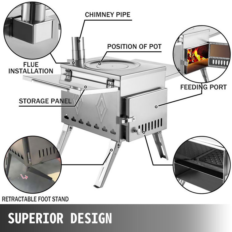 Stainless steel Adjustable Chimney tent wood stove camping portable stove wood burning with handle small camping pellet stove