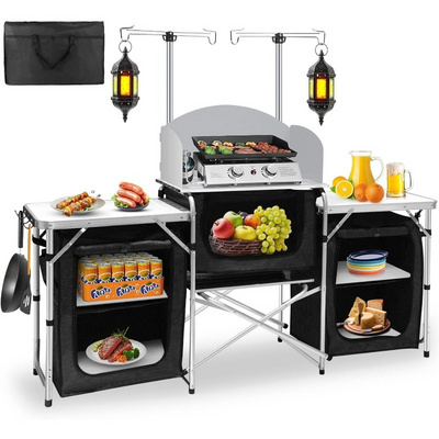 Amazon hot-selling outdoor camping mobile kitchen Portable Outdoor Foldable Cooking Station Camping Kitchen Table WIth Storage