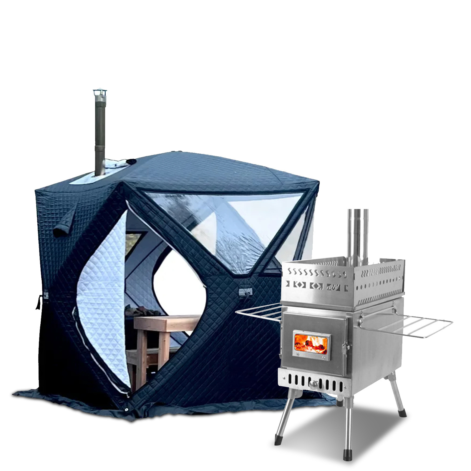 Outdoor Automatic Pop up 4 season Sauna Tent stove heating house large Window Camping Ice Fishing Tent Portable Sauna Tent