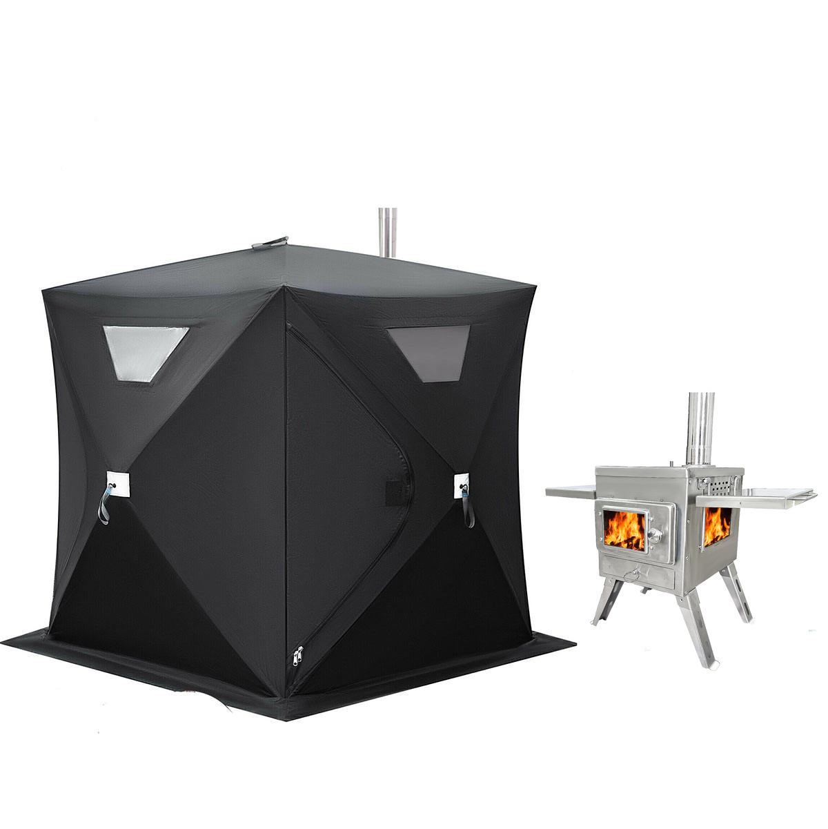 Outdoor 3-4 Person Sauna House Large chimney Mouth quick Open Portable Winter folding Camping Ice Fishing Tent with wood stove