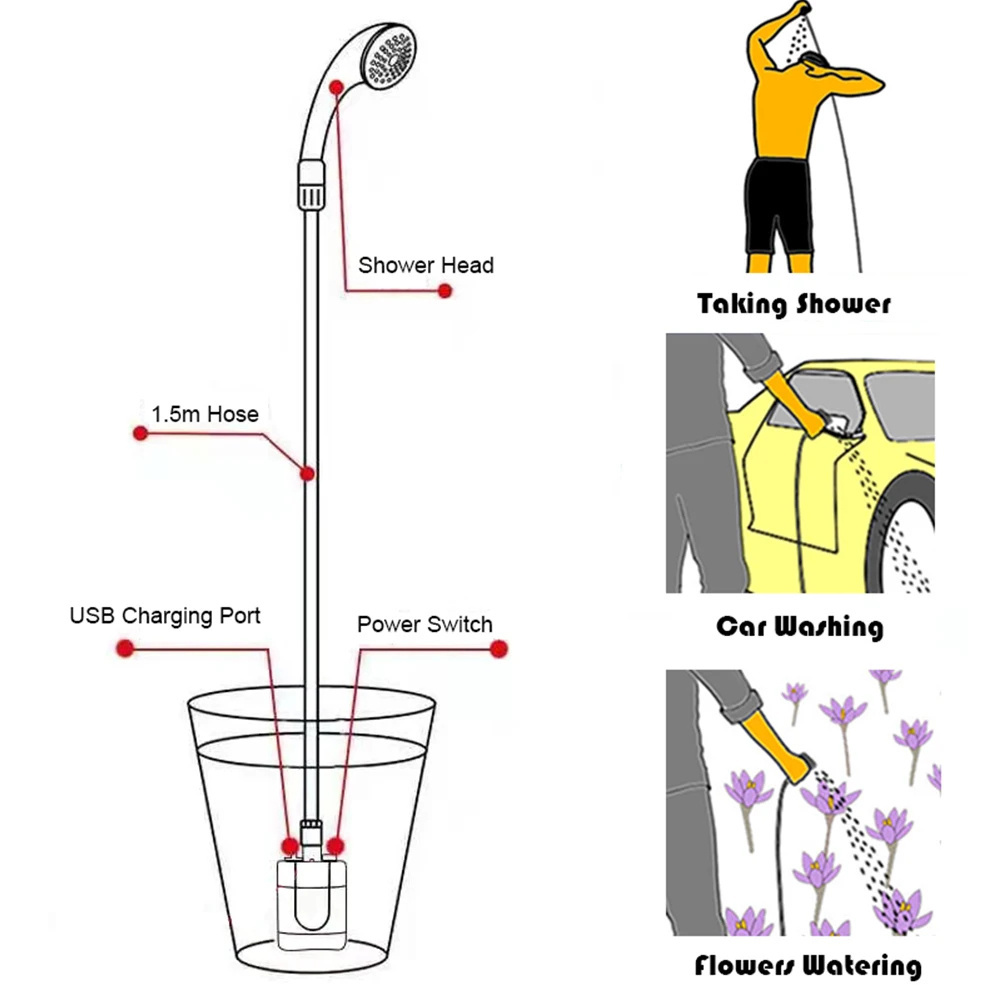 Rechargeable Shower Head Bathing 3.7V Pump 4.9ft Outdoor Travel Hiking Beach Pet Cleaning Equipment Portable Camping Shower