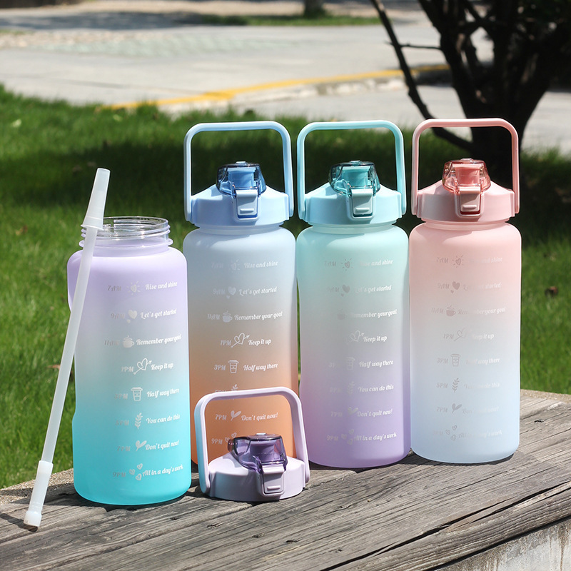 New Ombre Gradient Design Sports Bottle Large Capacity Portable BPA Free Plastic Water Bottles Set Of 3 With Straw And Handgrip