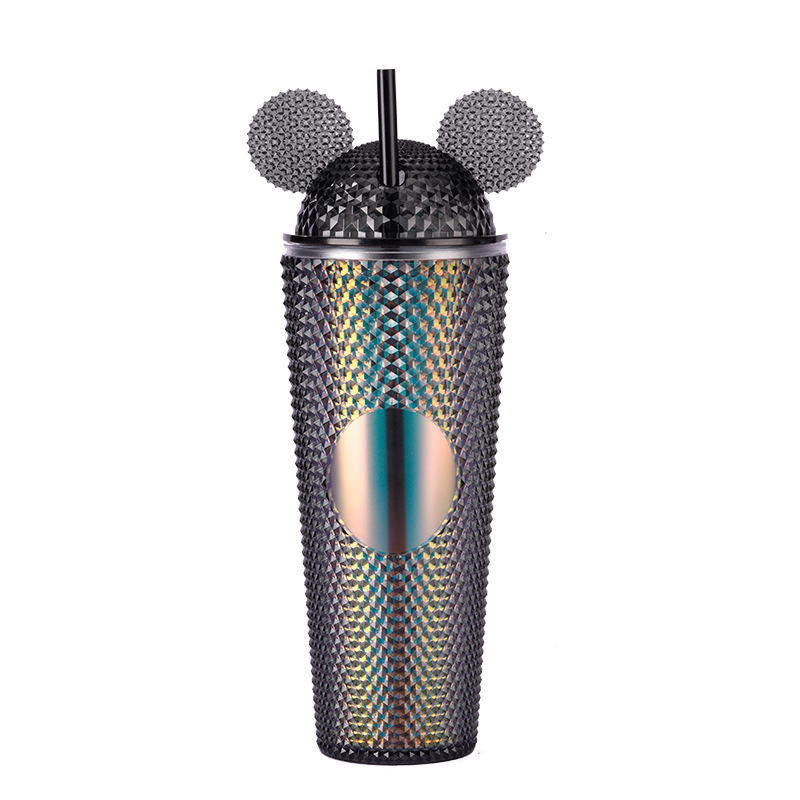 Girls Cute 24oz Double Wall Acrylic Studded Tumbler Water Cup Water Bottle Plastic Tumblers With Mouse Ears Lid And Straws