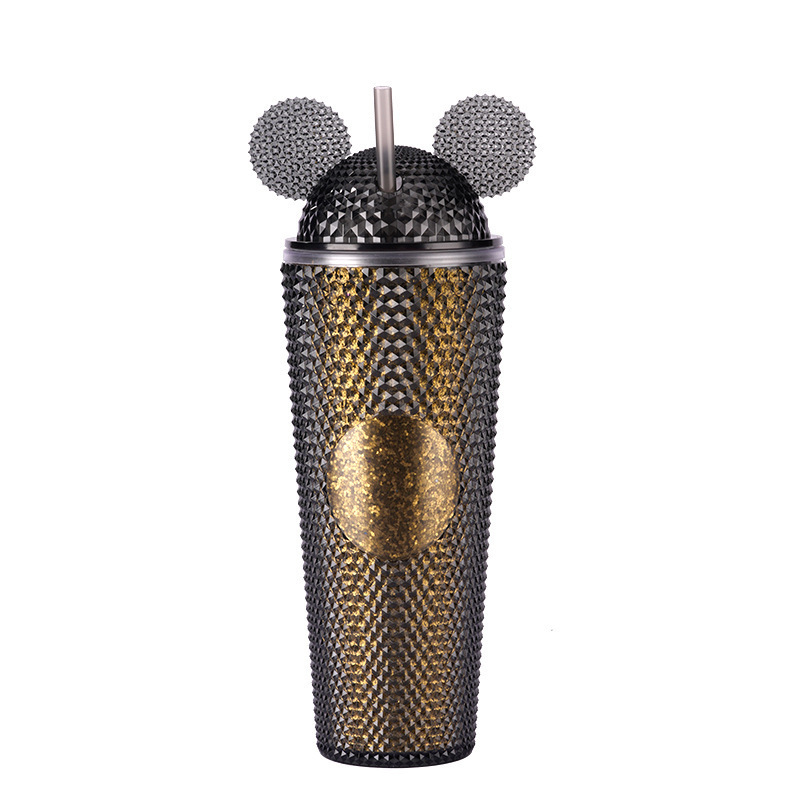 Girls Cute 24oz Double Wall Acrylic Studded Tumbler Water Cup Water Bottle Plastic Tumblers With Mouse Ears Lid And Straws