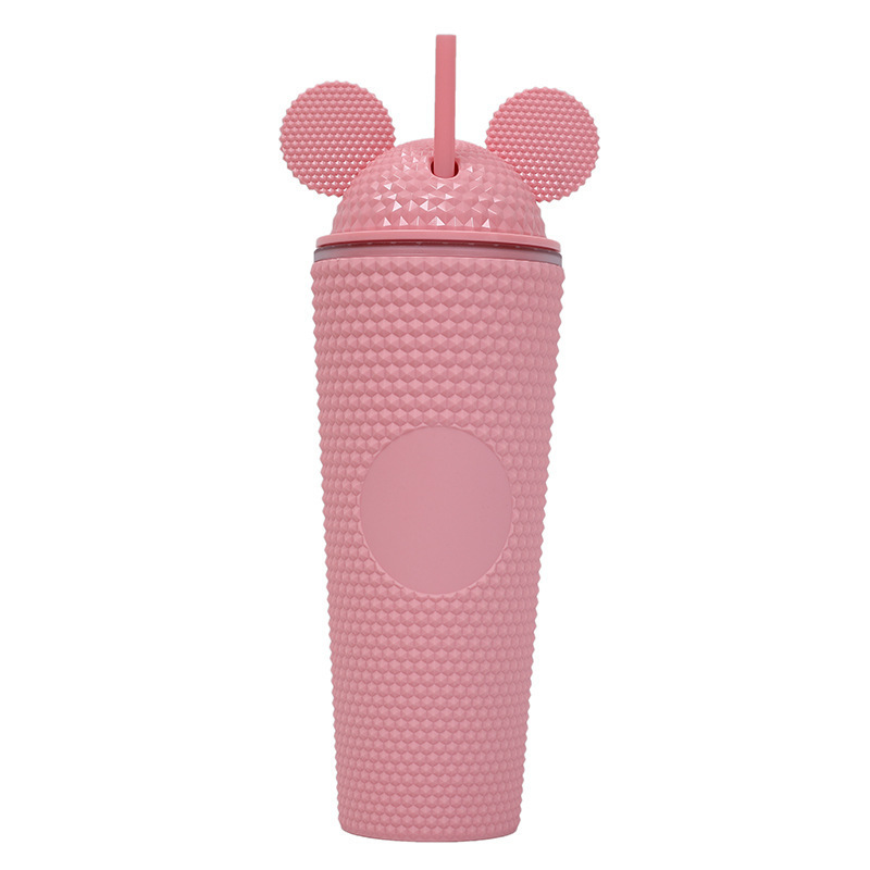 24oz Double Wall Acrylic Studded Tumbler Cold Water Cup Water Bottle Plastic Straw Tumblers With Mouse Ears Lid For Girls Gift