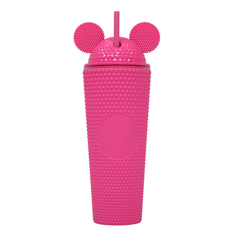 24oz Double Wall Acrylic Studded Tumbler Cold Water Cup Water Bottle Plastic Straw Tumblers With Mouse Ears Lid For Girls Gift