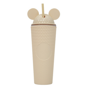 24oz Double Wall Acrylic Studded Tumbler Cold Water Cup Water Bottle Plastic Straw Tumblers With Mouse Ears Lid For Girls Gift