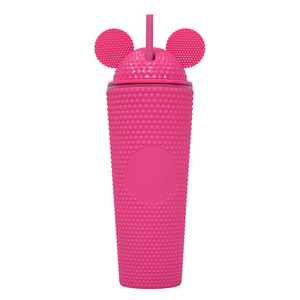 Girls 24oz Bulk Drinking Water Acrylic Tumbler Double Wall Tmbler Cute Plastic Tumbler Cup With Double Ears Lid And Straw