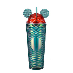 Girls Cute 24oz Double Wall Acrylic Studded Tumbler Water Cup Water Bottle Plastic Tumblers With Mouse Ears Lid And Straws