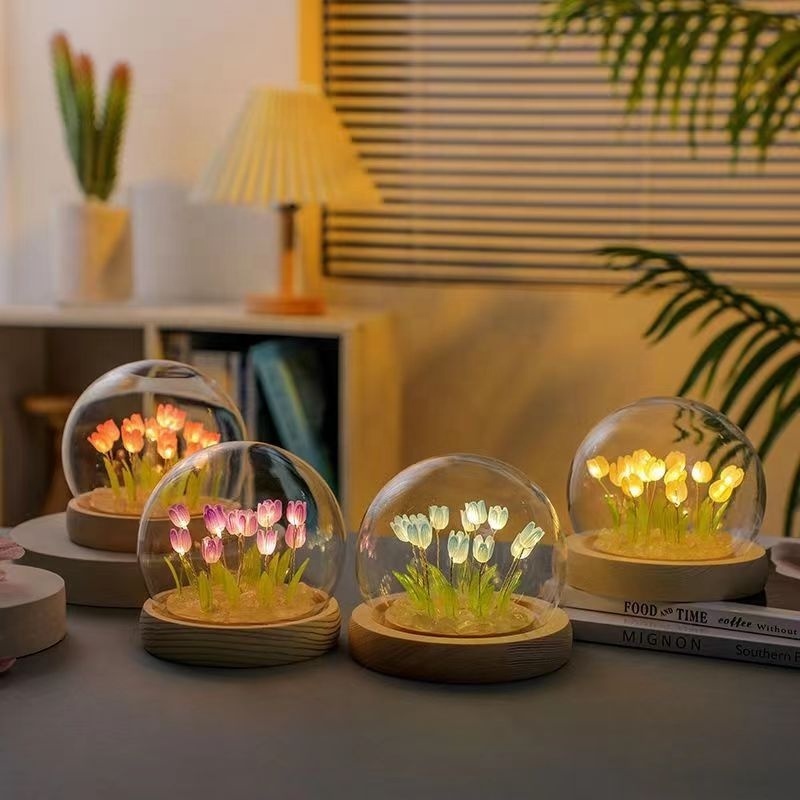 Tulpis Flowers Round Wooden Base Glass Ball Switch Modern Night Light For 3D Led Night Lamp