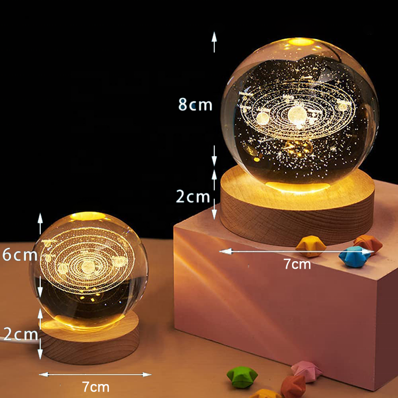 Galaxy 3d Luminous Solar System Crystal Ball Lamp Wooden Base Decoration Led Night Lights Desktop Home Decor