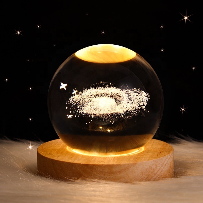 Galaxy 3d Luminous Solar System Crystal Ball Lamp Wooden Base Decoration Led Night Lights Desktop Home Decor