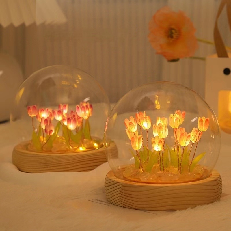 Tulpis Flowers Round Wooden Base Glass Ball Switch Modern Night Light For 3D Led Night Lamp