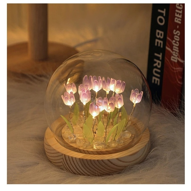 Tulpis Flowers Round Wooden Base Glass Ball Switch Modern Night Light For 3D Led Night Lamp