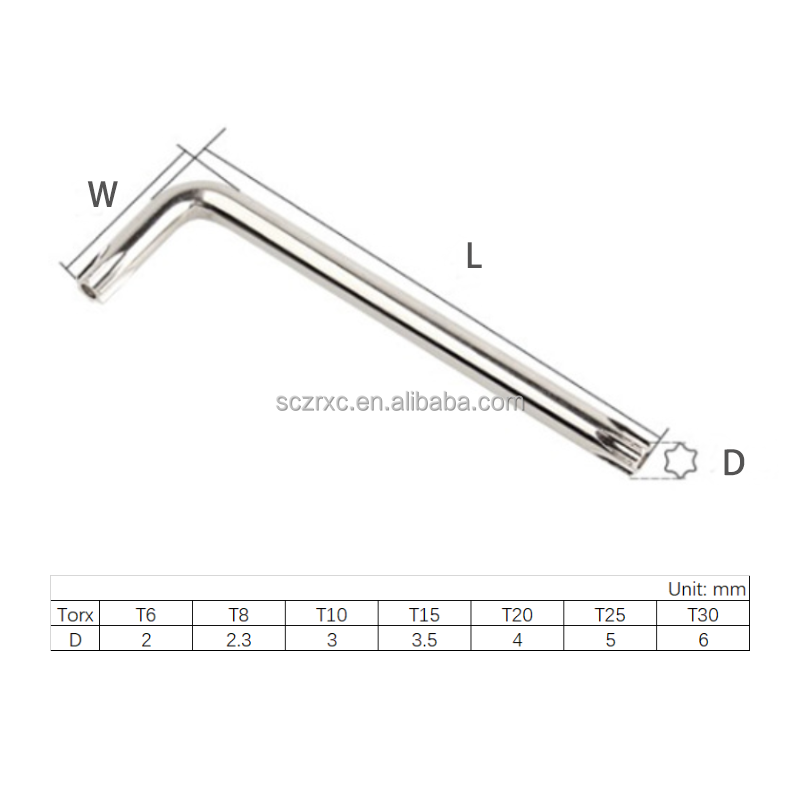 T6/T8/T10/T15/T20/T25/T30 Security Torx Key Wrench Carbon Steel Nickel Plated L Type Star Allen Wrench With Hole