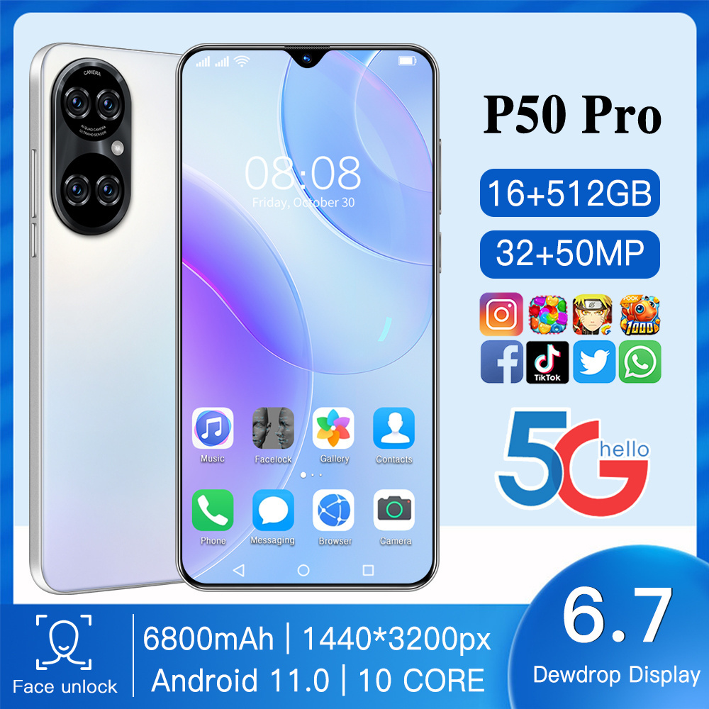 Hot Selling P50 Pro Unlocked 32+50MP Dace Core Dual SIM 16GB+512GB Cheap Smart Phone 6.7 inch Android 11.0 Mobile SmartPhones