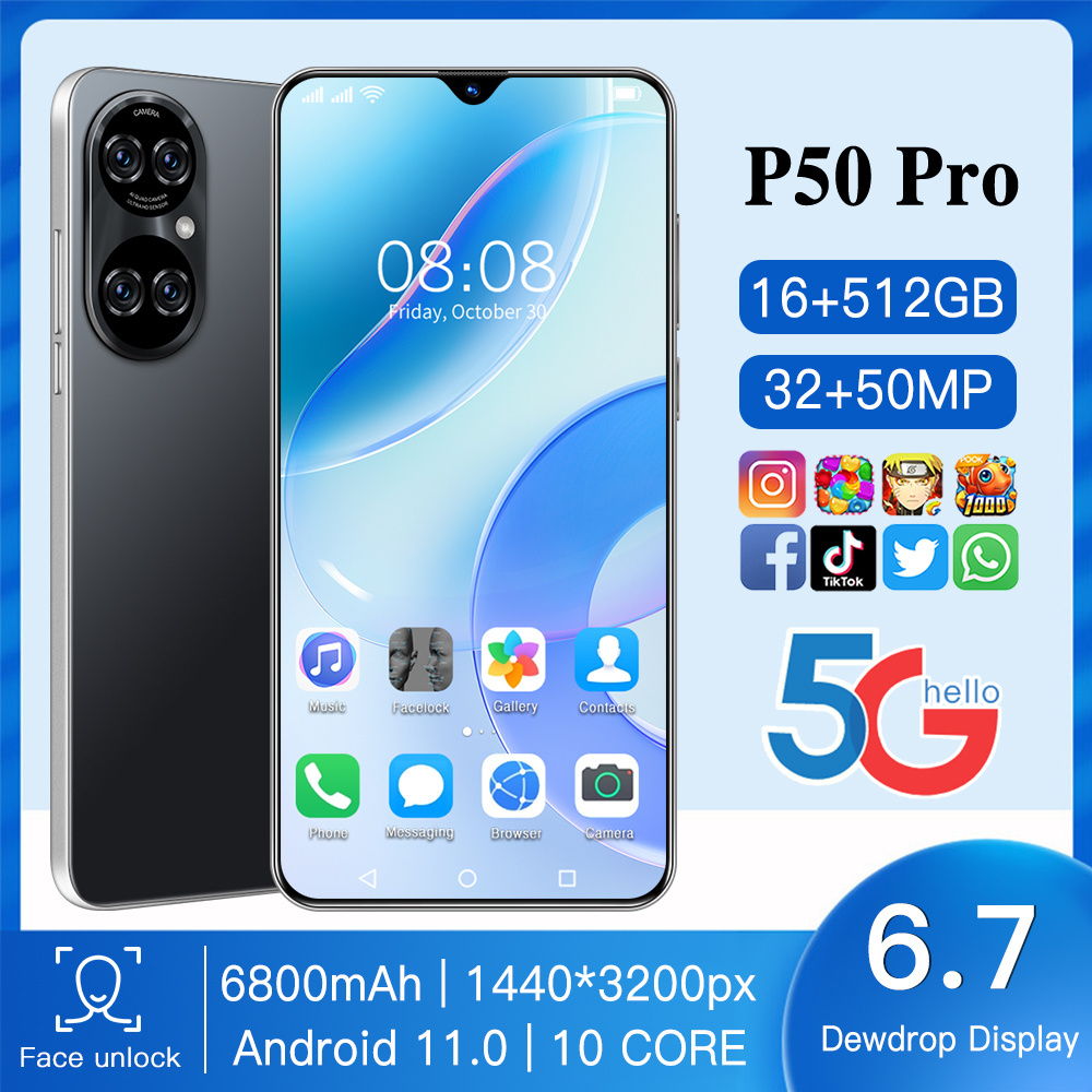 Hot Selling P50 Pro Unlocked 32+50MP Dace Core Dual SIM 16GB+512GB Cheap Smart Phone 6.7 inch Android 11.0 Mobile SmartPhones