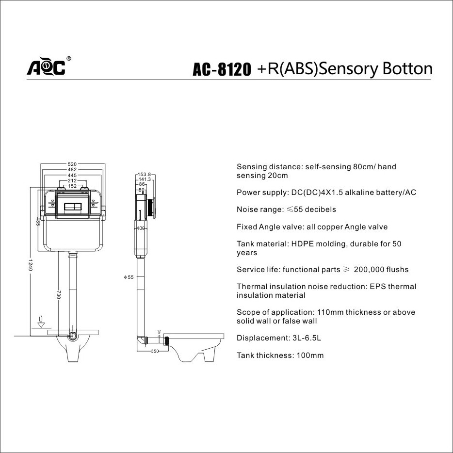 Plastic Dual Flush Water Tank Full Valve Install Drywall Sensory Button Concealed Cistern