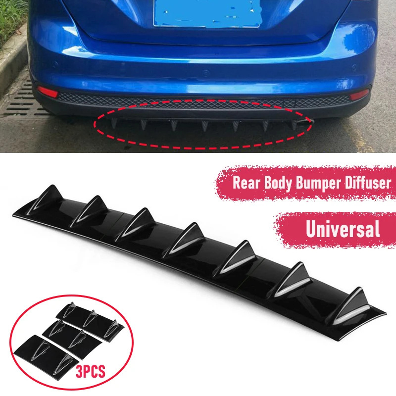 3 piece universal rear bumper spoiler diffuser Gloss black 7 wing shark fin style