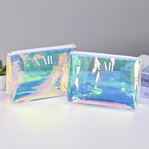 Low MOQ customized makeup storage bag Clear transparent holographic PVC washable Travel zipper Pouch Cosmetic Bag with zipper