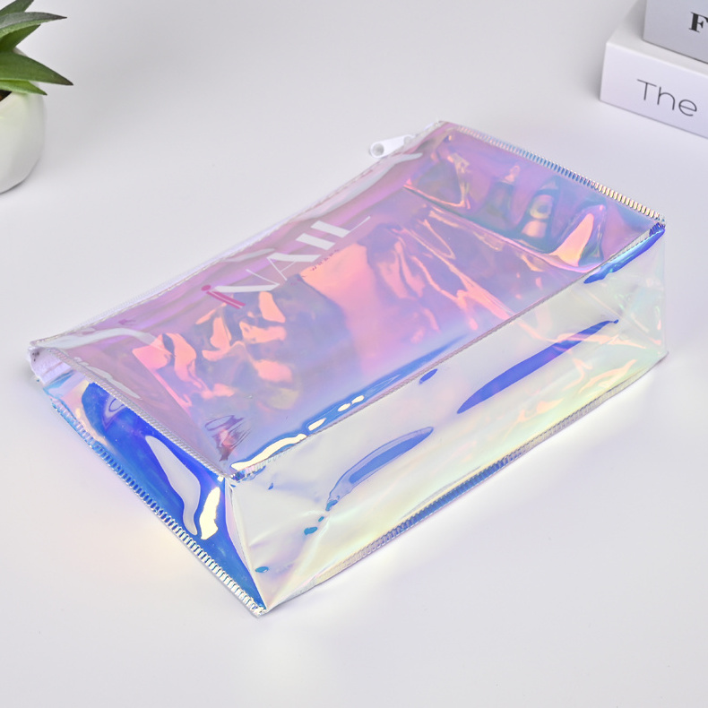 Low MOQ customized makeup storage bag Clear transparent holographic PVC washable Travel zipper Pouch Cosmetic Bag with zipper