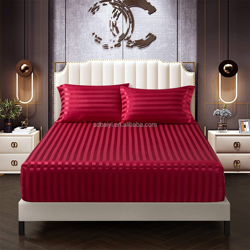 Custom King Queen Luxury drap de lit Microfiber Satin Striped Embossed Hotel Bed Linen Fitted Sheets Comforter Cover Sets