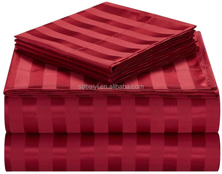 Custom King Queen Luxury drap de lit Microfiber Satin Striped Embossed Hotel Bed Linen Fitted Sheets Comforter Cover Sets