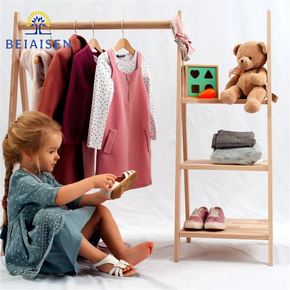 Kids Wooden Clothing Rack,Dress Up Child Garment Clothes Rack, Storage Display Wardrobe for Toddler