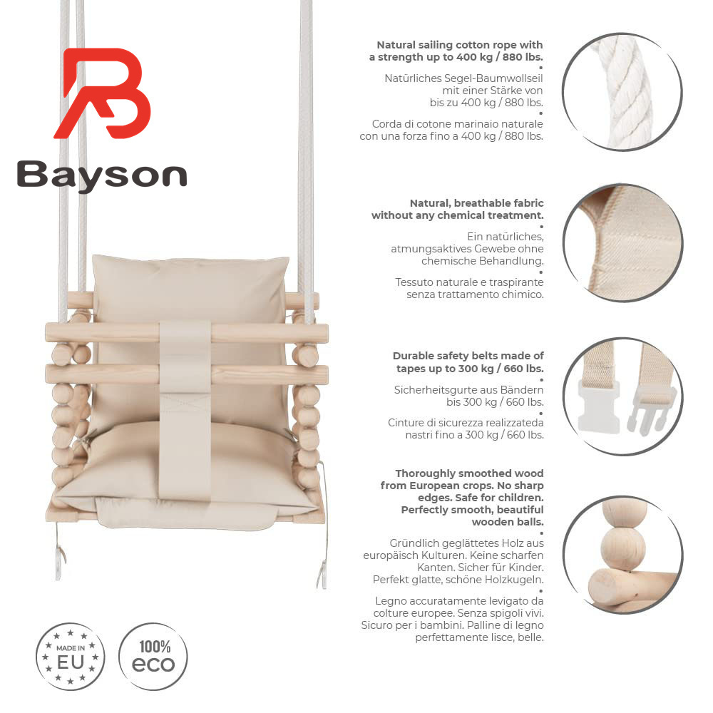 Baby swingOutdoor Children'S Swing Set BAYSON Baby Swing 3 In 1 Beige + Safety Belt Portable Hanging Wooden Swing For Toddlers