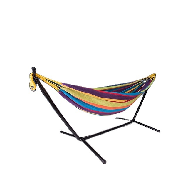 Steel Pipe Hammock Frame With 200*150cm Polyester Cotton Hammock Coffee Strip Natural Rope Iron Hammock